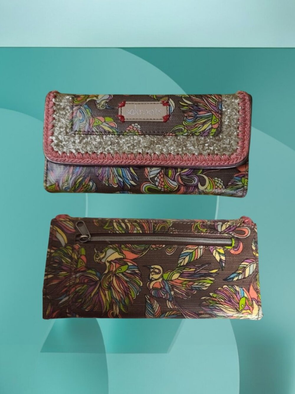 Sakroots Nature Gold Glitter & Bird Trifold Wallet